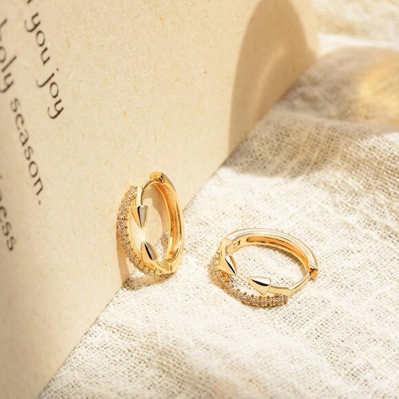 Hypoallergenic Minimalist Huggie Hoop Earrings - 14K Gold and CZ Detail - Picture 6 of 7